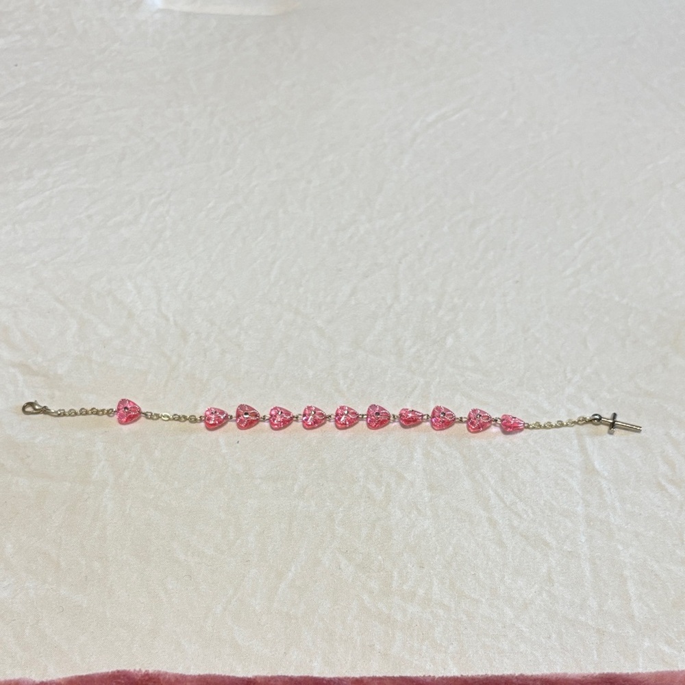 Pink Heart Bracelet on a sterling silver bracelet 925 with a hanging cross